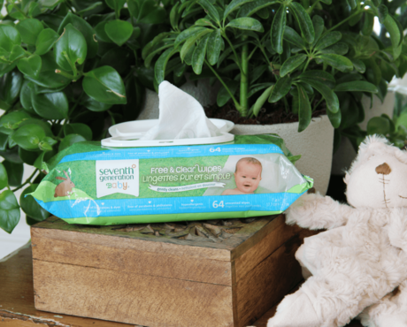 Seventh Generation disinfecting wipes with Teddy bear and plant