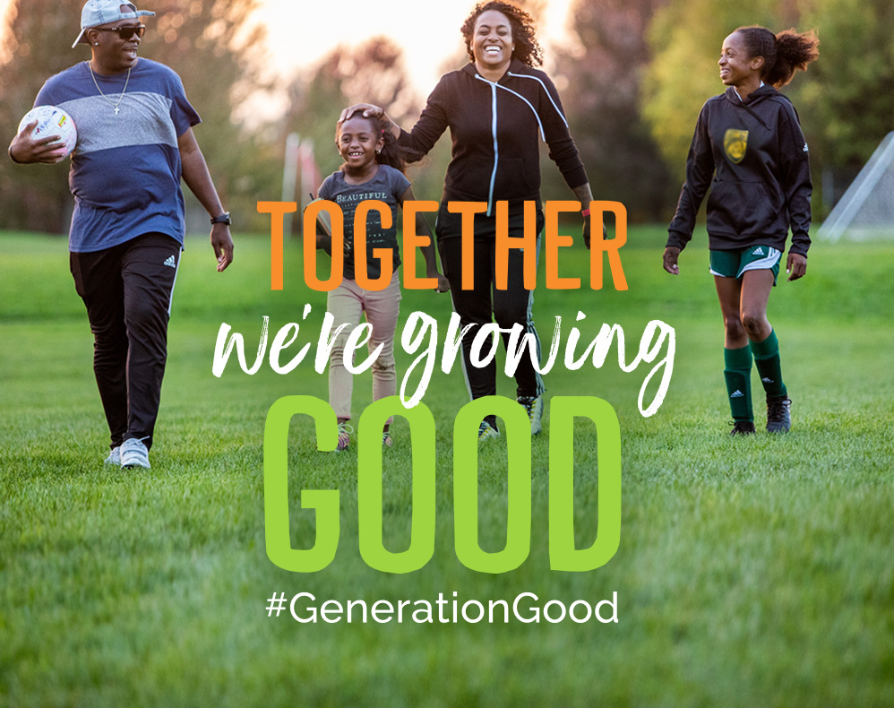 Family Playing Soccer at Dusk - Overlay Text: Together We're Growing Good #GenerationGood