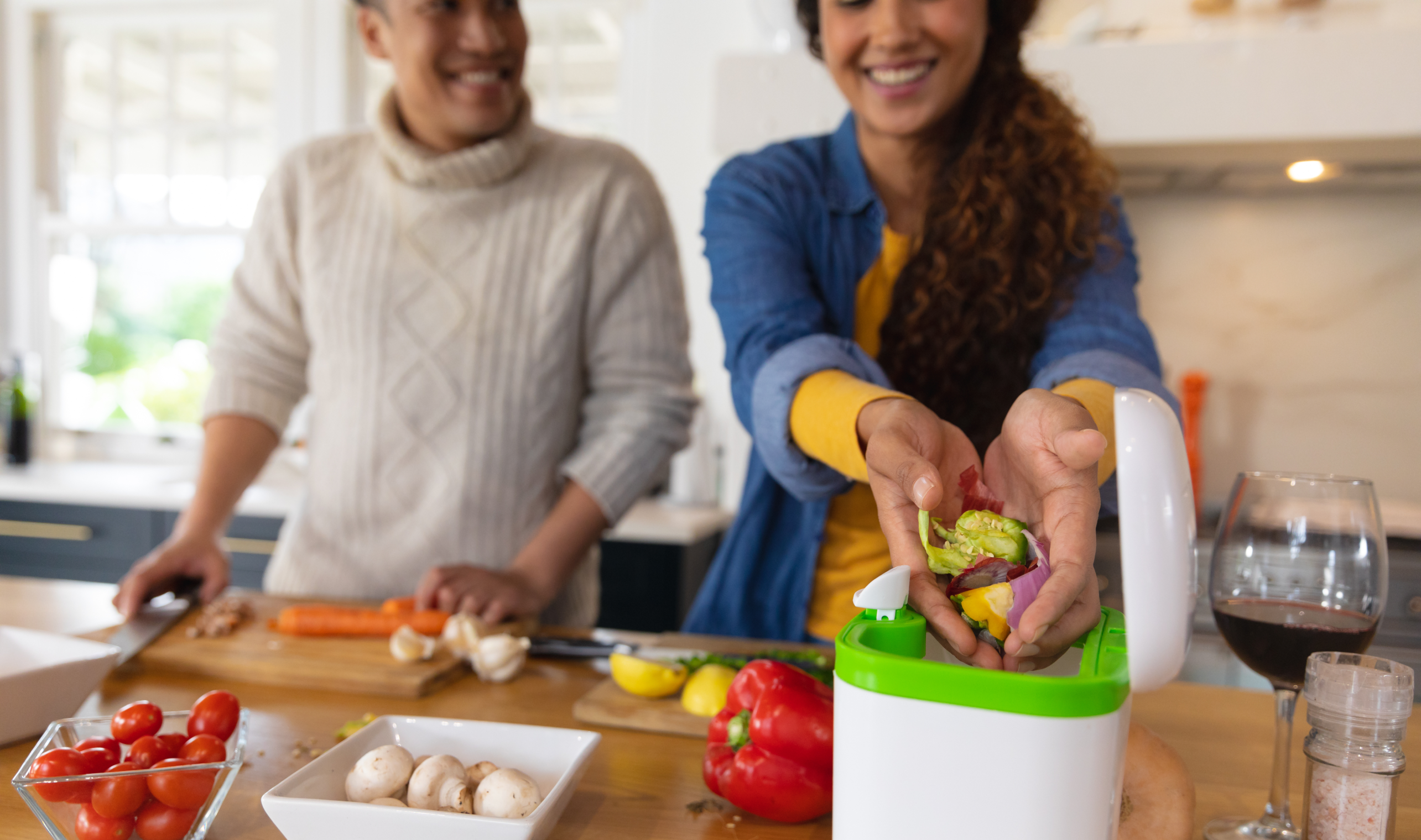 Working in kitchen and composting.