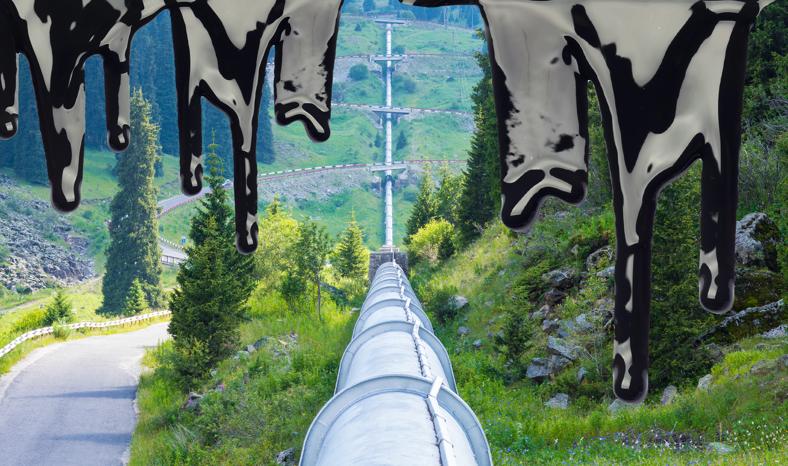 Pipeline cutting through landscape, with oil overlay