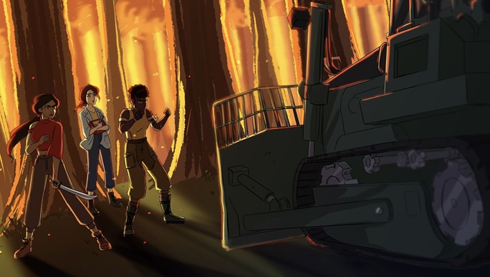 Concept Art for Pelea - three young adults in front of bulldozer