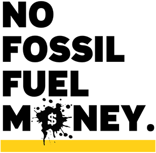 Logo for No Fossil Fuel Money - Black text with yellow underline where the O in Money is a drop of oil with a $ in the center.