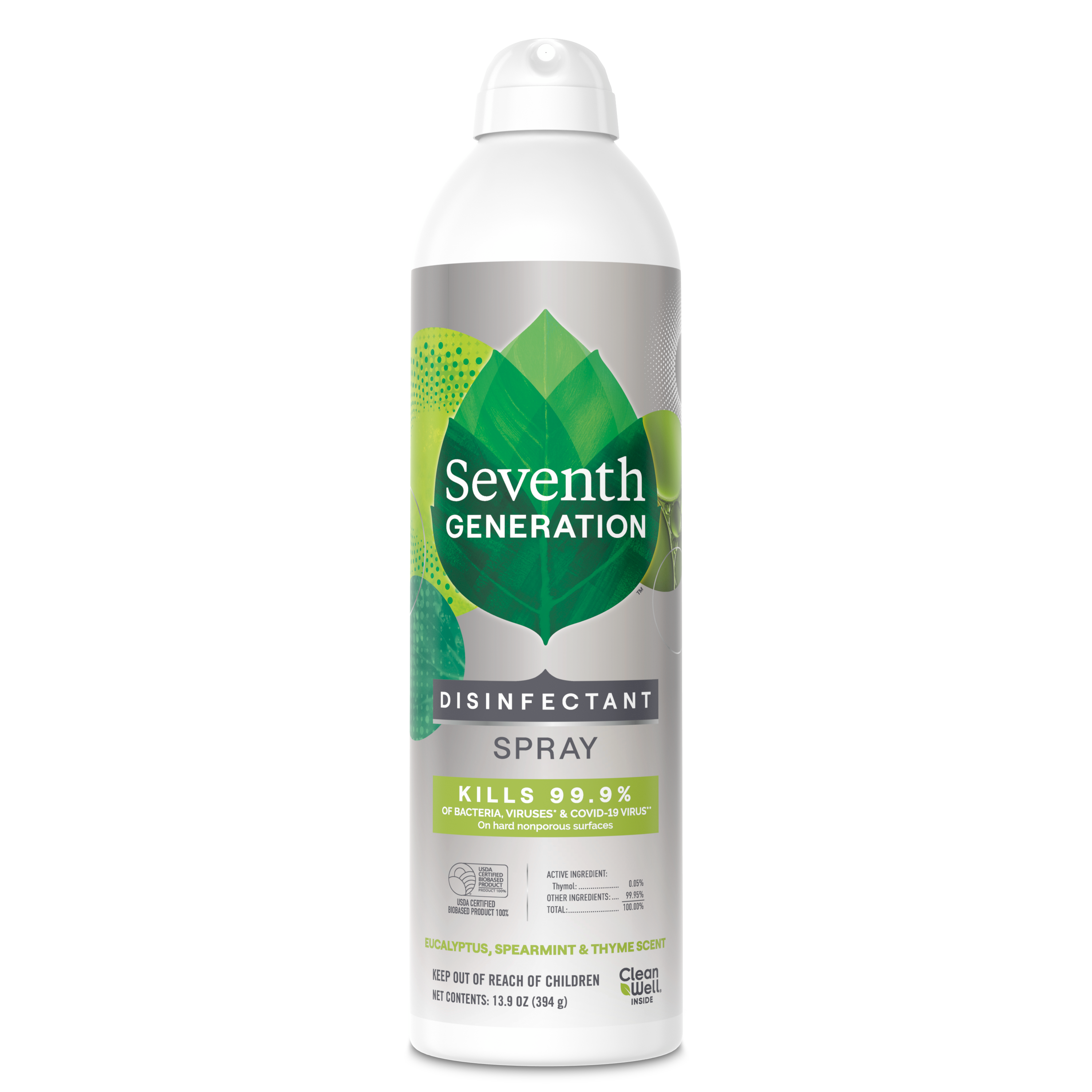 Seventh Generation Disinfectant Cleaner - For Day Care - 13.9 fl oz (0.4 quart) - Eucalyptus Spearmint & Thyme Scent - 8 / Carton - Non-flammable, Rinse-free, Antibacterial, Disinfectant - Clear