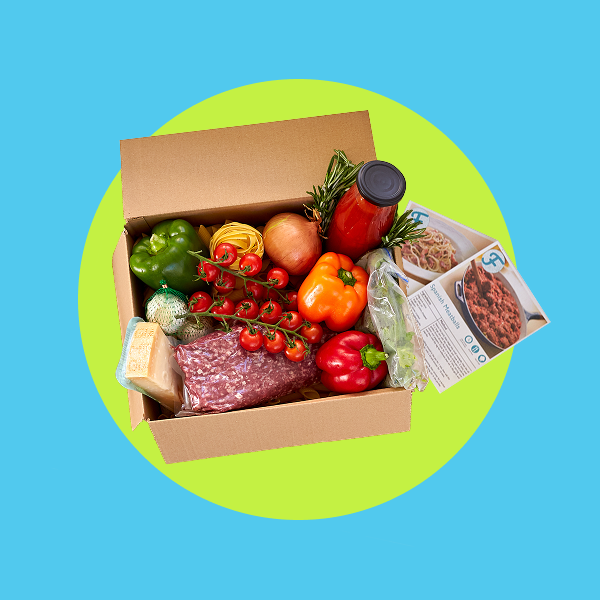 Mealkit Magician - Box with lid open showing various fruits and foods.