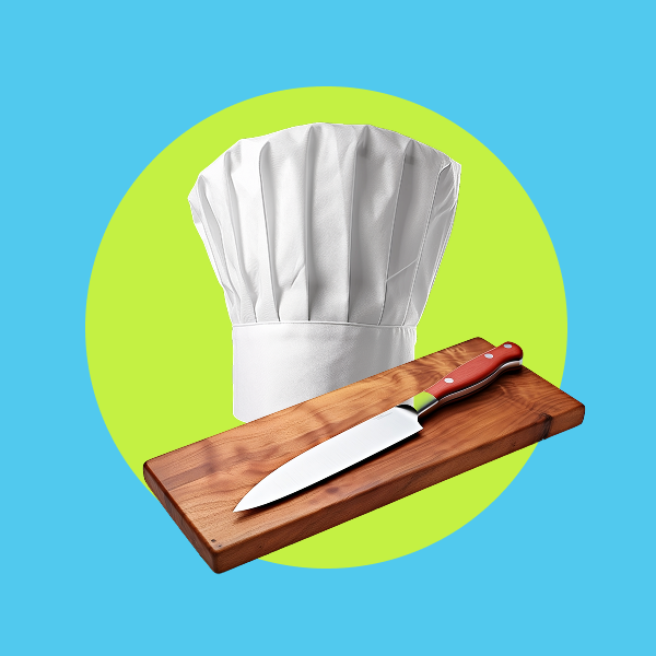 Image of chef hat, carving knife and cutting board.