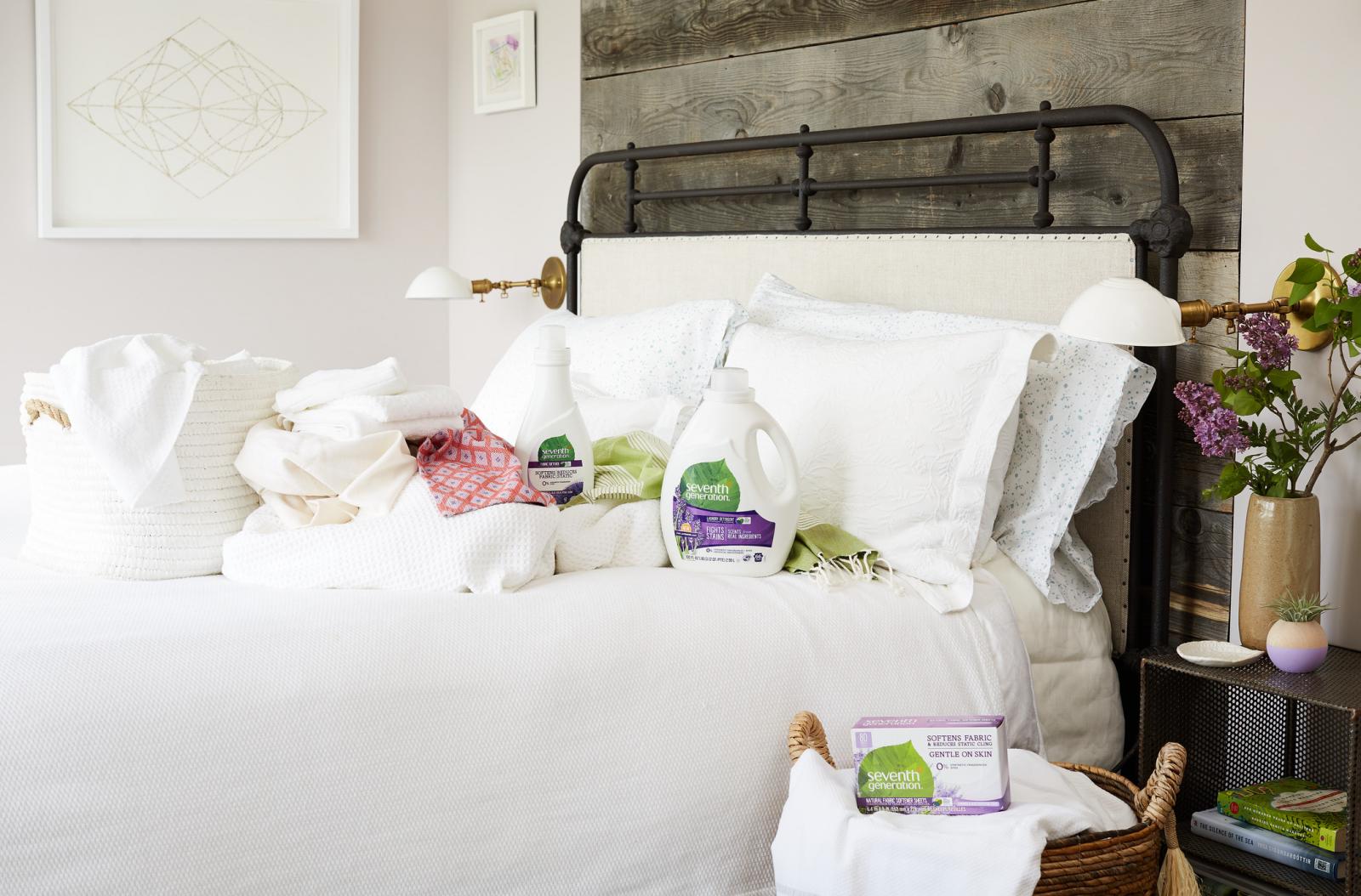 Lavender Laundry, Softener, and Sheets on Bed