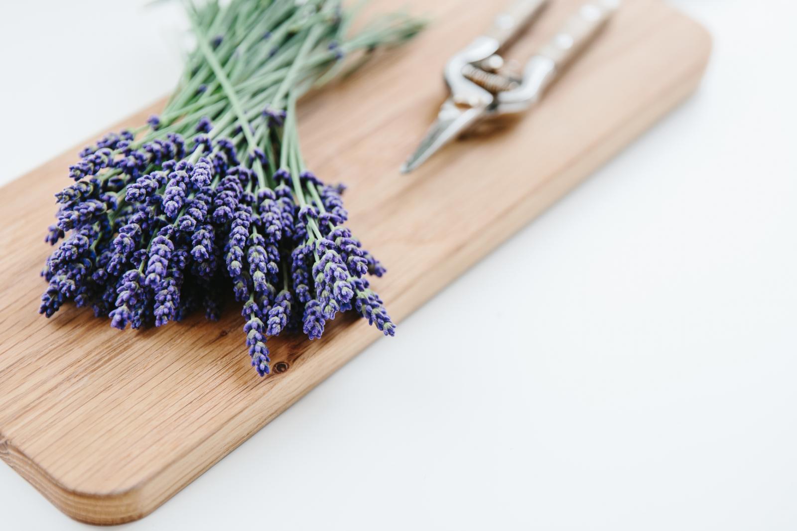 Sprigs of Lavander on cutting board