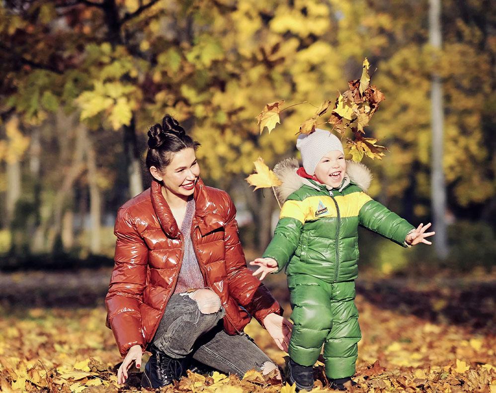 Woman and child in down jackets