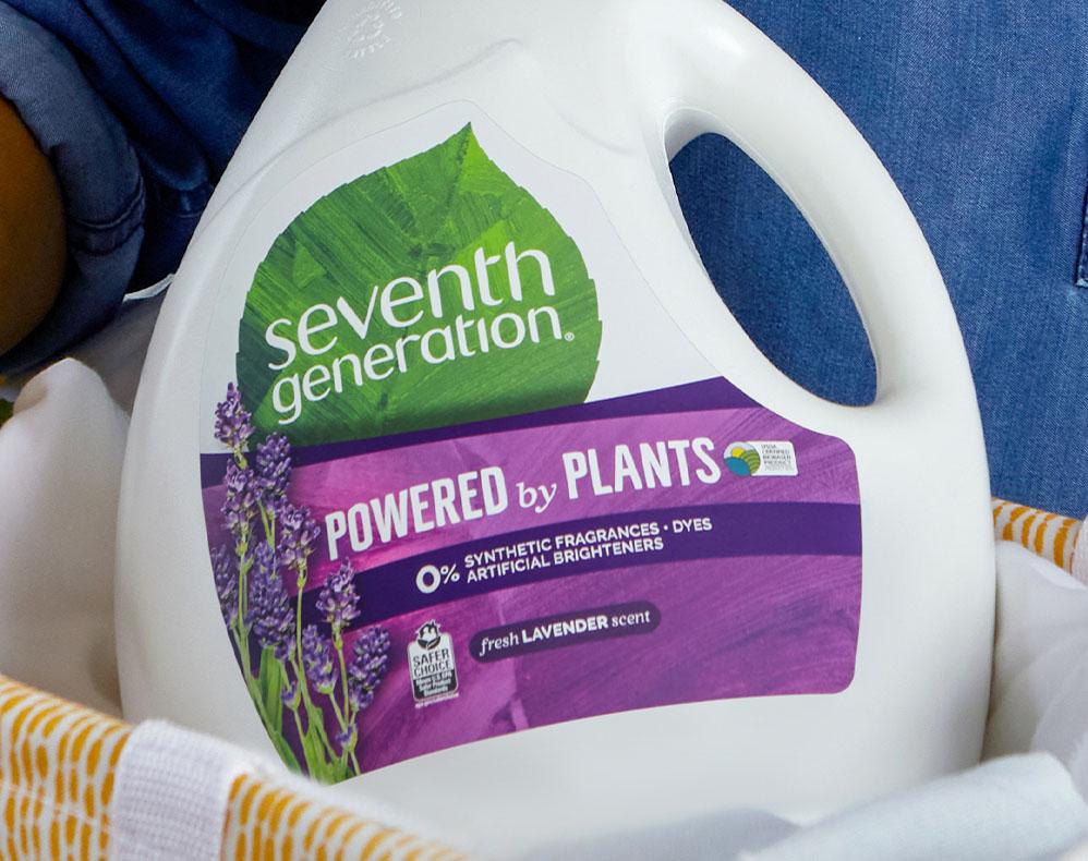 close up image of Seventh Generation Lavender Laundry bottle. It reads: Powered by Plants