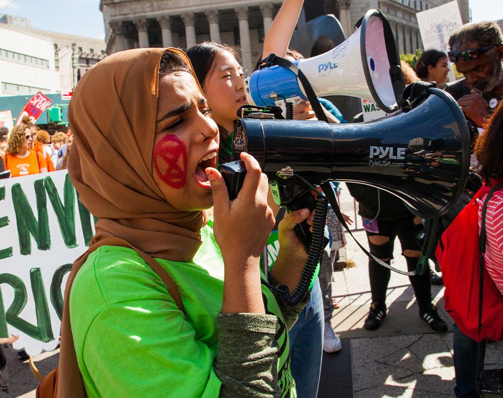 Protester yelling into megaphone