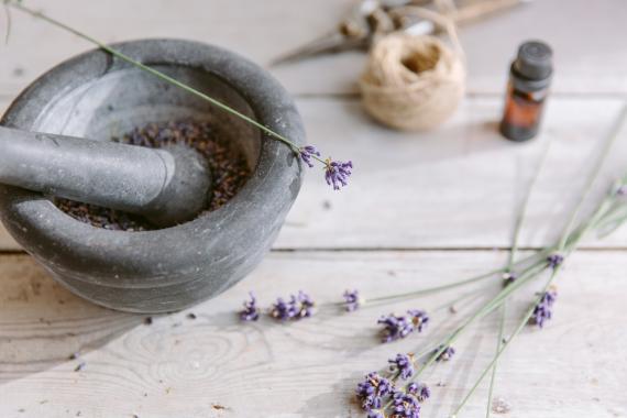 Crushing Lavender in a Mortar and Pestle