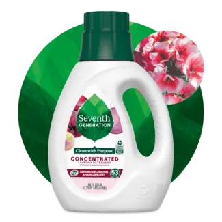 Geranium Vanilla Concentrated Laundry Detergent front of bottle on leaf background