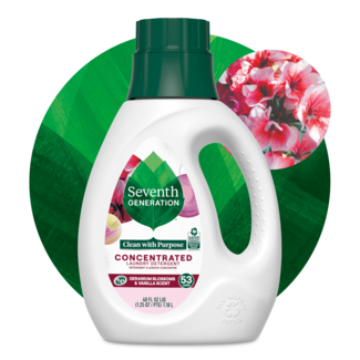 Geranium Vanilla Concentrated Laundry Detergent front of bottle on leaf background