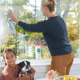 Woman washing window