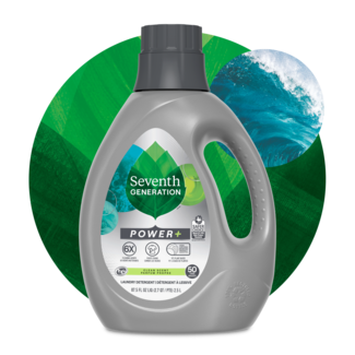 Power+ Laundry Detergent Clean Scent - Front of Bottle on leaf background 2023