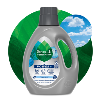 Power+ Laundry Detergent - Free and Clear Front of Bottle on leaf background 2023