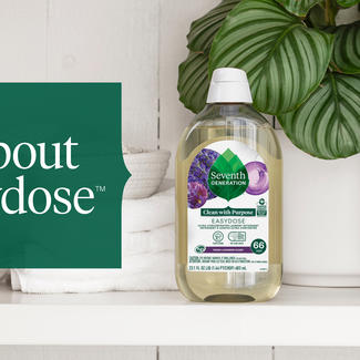 All About EasyDoseTM - Lavender EasyDose bottle on laundry room shelf
