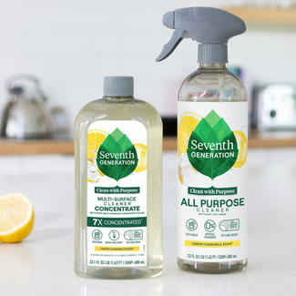 Multi-Surface Cleaner Concentrate and Lemon All Purpose Cleaner sitting on kitchen countertop