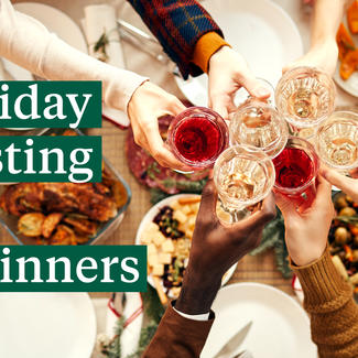 Holiday Hosting for Beginners - Glasses toasting in center of picture