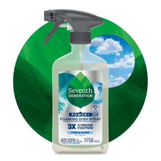 Foaming Dish Spray Free and Clear Front of Bottle on leaf background