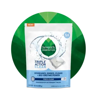 Seventh Generation Triple Action Clean Dishwasher Detergent Packs - Front of Pack with Leaf Circle Background