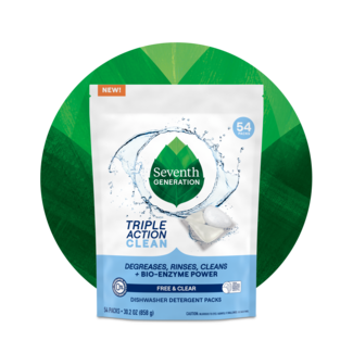 Seventh Generation Triple Action Clean Dishwasher Detergent Packs - Front of Pack with Leaf Circle Background