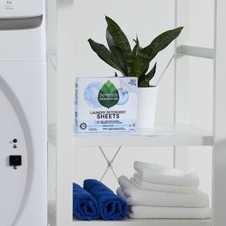 Free and Clear Laundry Sheets on laundry room shelf