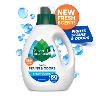 A plain view of the front of 90oz Fresh Scent Concentrated Laundry Detergent. Badges highlight that the product is a "New Fresh Scent" and "Fights Stains and Odors"