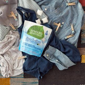Seventh Generation Laundry Detergent Packs - Free &amp; Clear on a pile of Laundry