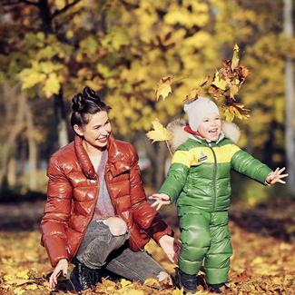 Woman and child in down jackets