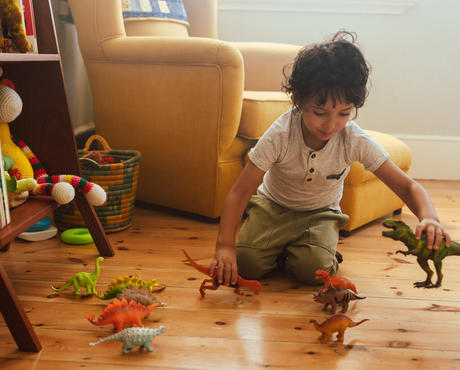 Child playing with dinosaur toys