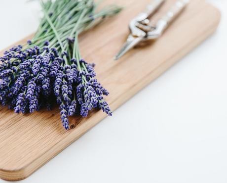 Sprigs of Lavander on cutting board