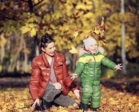 Woman and child in down jackets