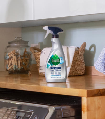 Laundry Stain Remover bottle on laundry room countertop