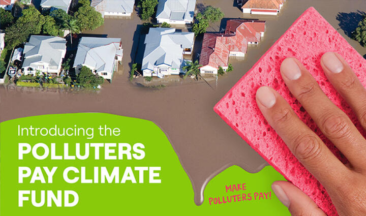 Hand holding sponge and absorbing water from a flooded neighborhood. Message reads Polluters Pay Climate Fund